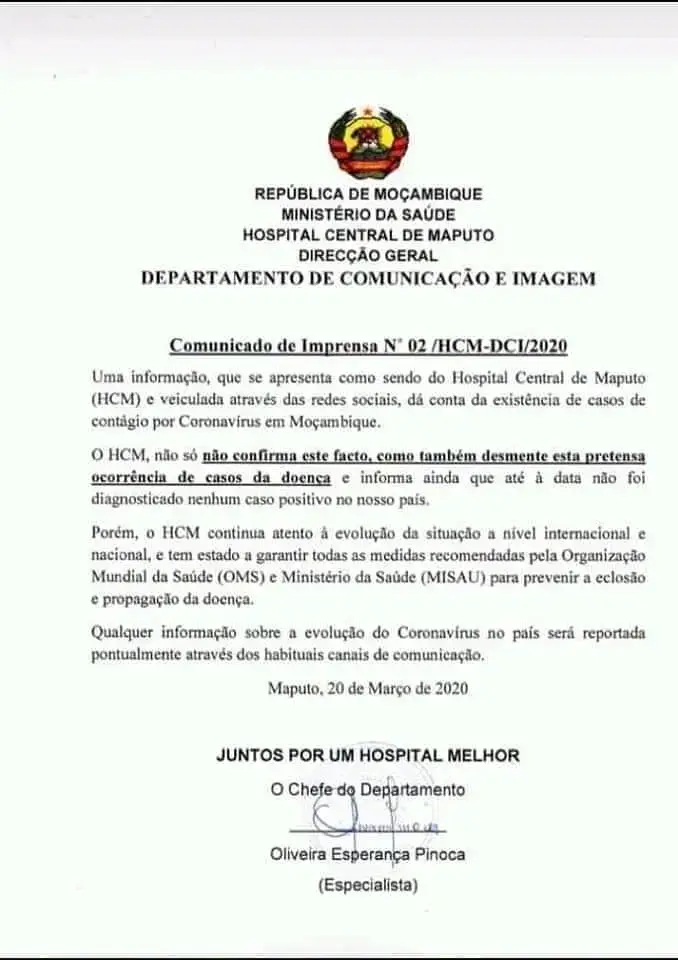 Mined desmente existência de casos de coronavirus em Moçambique